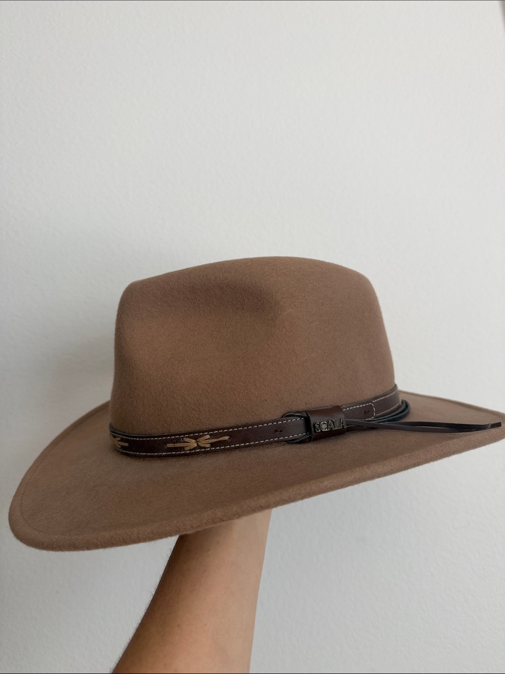 SCALA Brown Felt Wide Brim Rancher Hat with Leather Band 100% wool